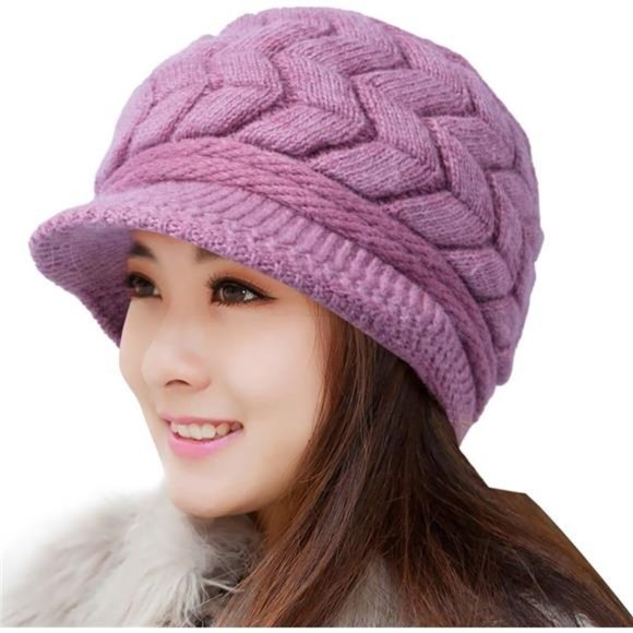 Women\'s Winter Beanie Warm Knitted Slouchy Wool Hats Cap with Visor, Purple